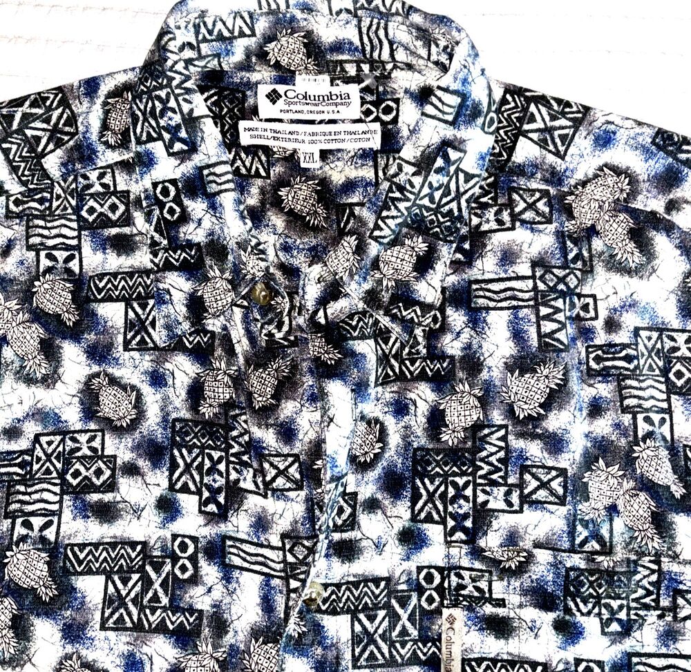 Columbia Men’s 2XL Blue Tribal Aztec Pineapple Print Button Down Heavy Cotton
